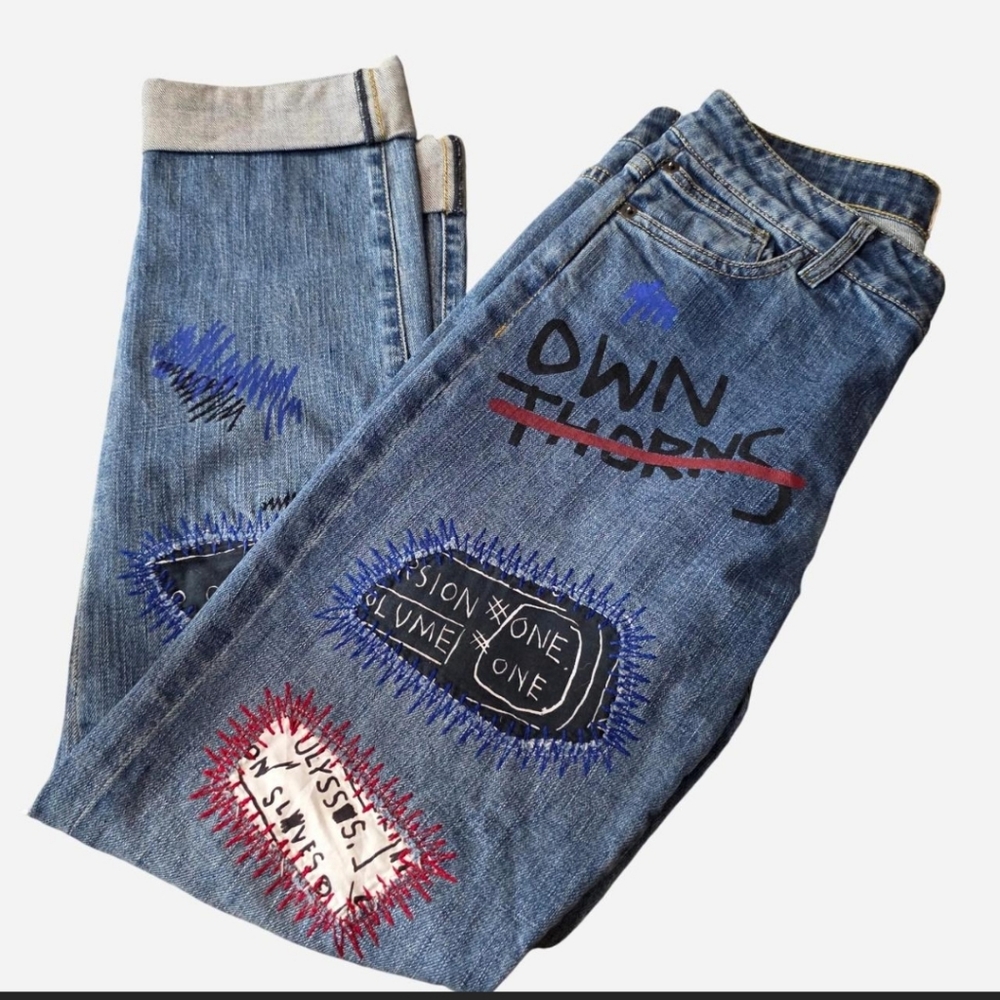 Alice + Olivia x Basquiat Hanna Patchwork Jeans Size 26 Mid-Rise Straight Leg